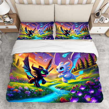 Playful Dragon Duvet Cover Set - Toothless Hiccup How to Train Your Dragon Inspired, Choose Your Favorite Lightfury/Nightfury Dragon Design