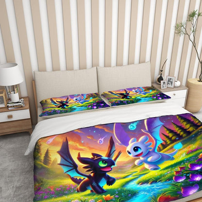 Playful Dragon Duvet Cover Set - Toothless Hiccup How to Train Your Dragon Inspired, Choose Your Favorite Lightfury/Nightfury Dragon Design