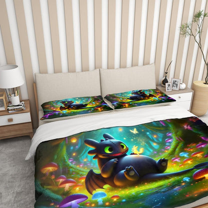 Playful Dragon Duvet Cover Set - Toothless Hiccup How to Train Your Dragon Inspired, Choose Your Favorite Lightfury/Nightfury Dragon Design