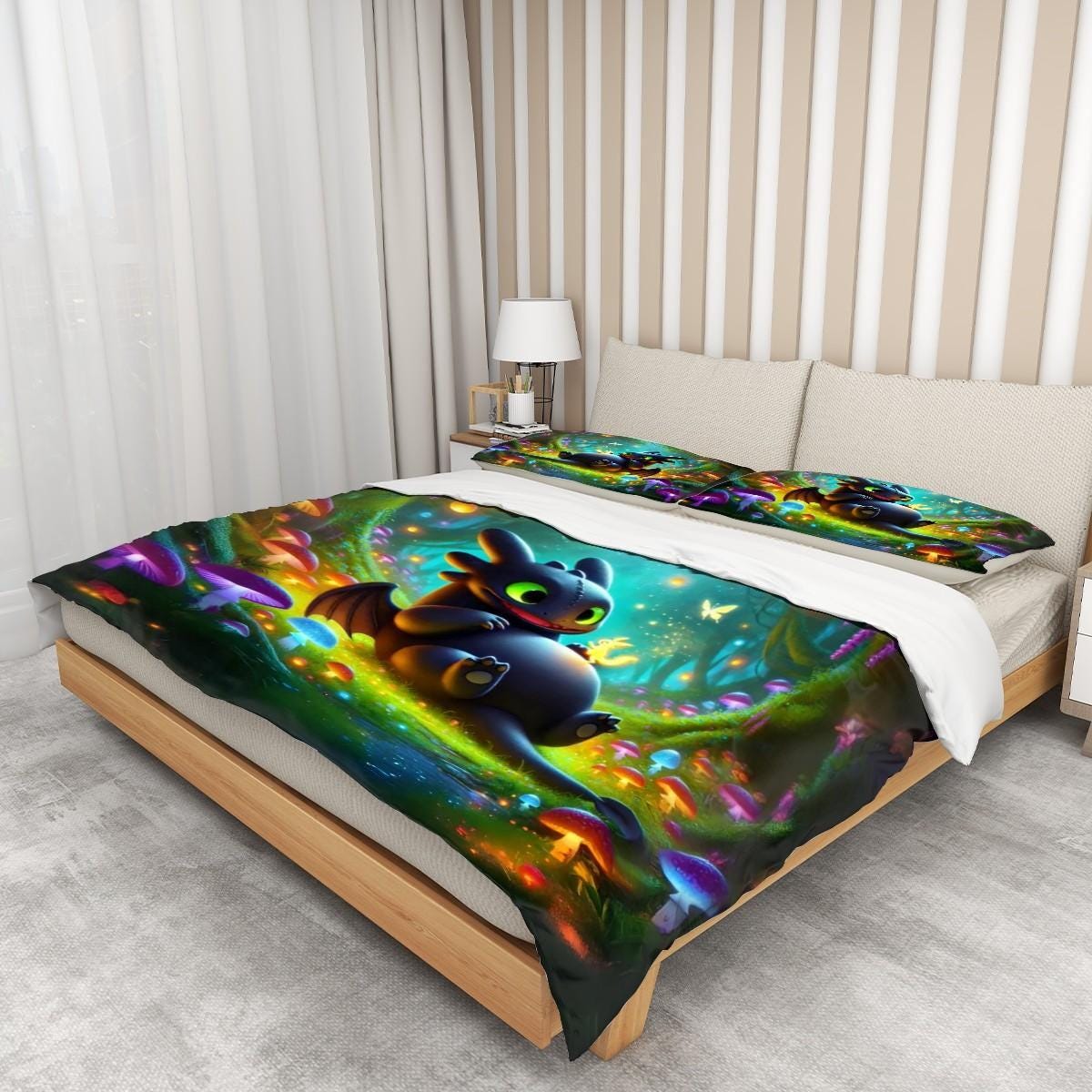 Playful Dragon Duvet Cover Set - Toothless Hiccup How to Train Your Dragon Inspired, Choose Your Favorite Lightfury/Nightfury Dragon Design