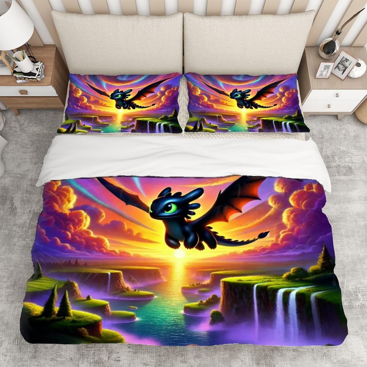 Playful Dragon Duvet Cover Set - Toothless Hiccup How to Train Your Dragon Inspired, Choose Your Favorite Lightfury/Nightfury Dragon Design