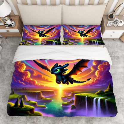 Playful Dragon Duvet Cover Set - Toothless Hiccup How to Train Your Dragon Inspired, Choose Your Favorite Lightfury/Nightfury Dragon Design