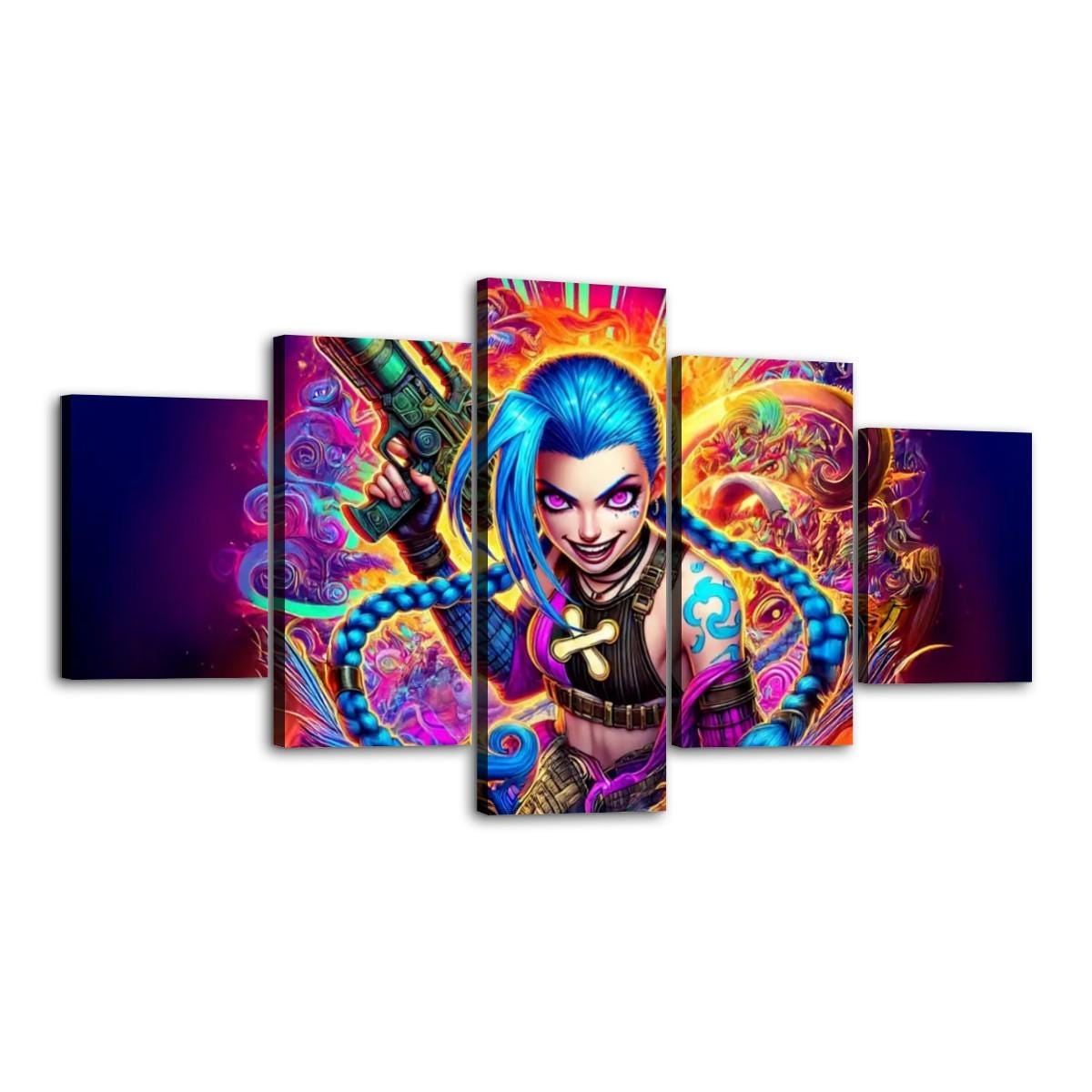 Arcane  Inspired Wall Art - Jinx Collection 5 Panel Canvas Wall Art Set -  League of Legends - Jinx Graffiti, Jinx Design, Jinx Weapons