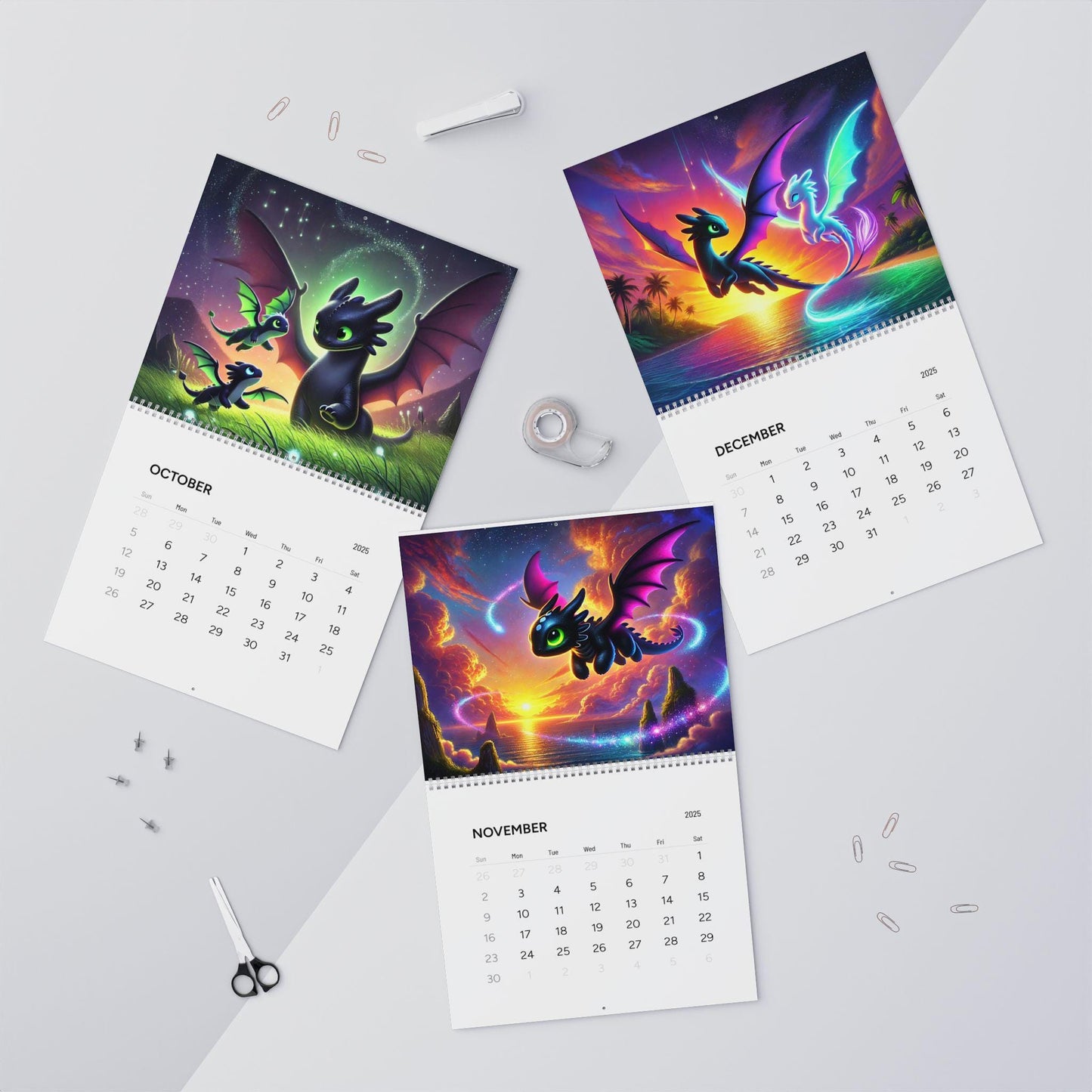 The Year of the Nightfury 2025 Wall Calendar - Toothless, How to Train Your Dragon Inspired Fantasy Artwork - Kids Room Decor, Dragon Gift