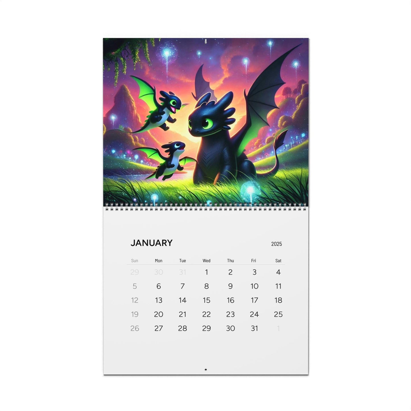 The Year of the Nightfury 2025 Wall Calendar - Toothless, How to Train Your Dragon Inspired Fantasy Artwork - Kids Room Decor, Dragon Gift