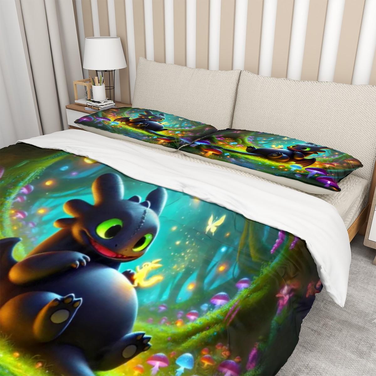 Playful Dragon Duvet Cover Set - Toothless Hiccup How to Train Your Dragon Inspired, Choose Your Favorite Lightfury/Nightfury Dragon Design