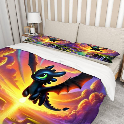 Playful Dragon Duvet Cover Set - Toothless Hiccup How to Train Your Dragon Inspired, Choose Your Favorite Lightfury/Nightfury Dragon Design