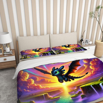 Playful Dragon Duvet Cover Set - Toothless Hiccup How to Train Your Dragon Inspired, Choose Your Favorite Lightfury/Nightfury Dragon Design