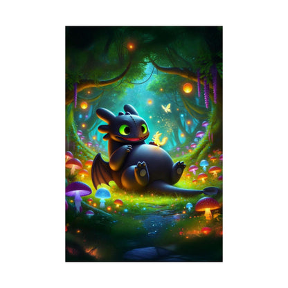 Playful Night Fury Satin Poster 24"x36" - Toothless Inspired Enchanted Forest Scene - Wall Decor, Magical Home Decor, Aesthetic Artwork