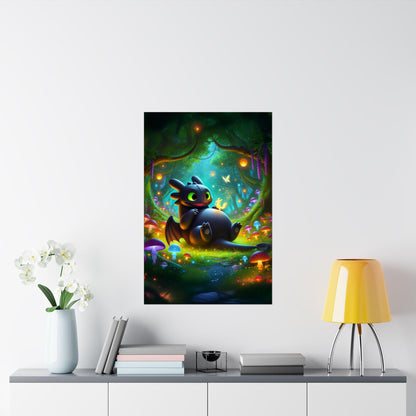 Playful Night Fury Satin Poster 24"x36" - Toothless Inspired Enchanted Forest Scene - Wall Decor, Magical Home Decor, Aesthetic Artwork