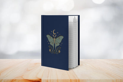 Lunar Moth Journal, Hardcover Navy Celestial Notebook, Matte Cover Diary, Blank Note Paper, Lyric Journal, Poem Notebook