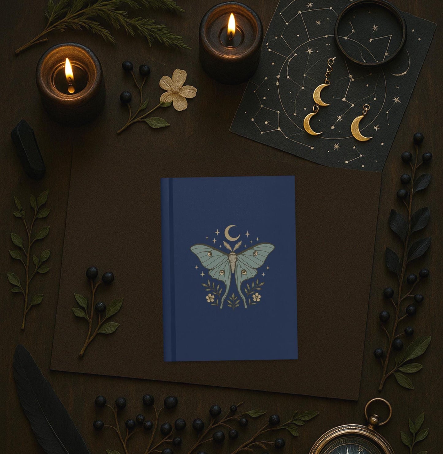 Lunar Moth Journal, Hardcover Navy Celestial Notebook, Matte Cover Diary, Blank Note Paper, Lyric Journal, Poem Notebook