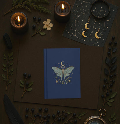 Lunar Moth Journal, Hardcover Navy Celestial Notebook, Matte Cover Diary, Blank Note Paper, Lyric Journal, Poem Notebook