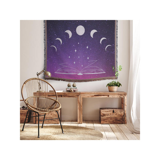 Lunar Night Woven Blanket, Reading Nook Decor, Phases of the Moon Tapestry, Witchy Cottagecore Aesthetic, Bookish Booktok Romantasy Gift