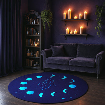 Lunar Goddess Rug, Phases of the Moon Decor, Celestial Woman Round Rug, Crescent Moon Home Accents, Witchy Aesthetic, Astrology Floor Mat