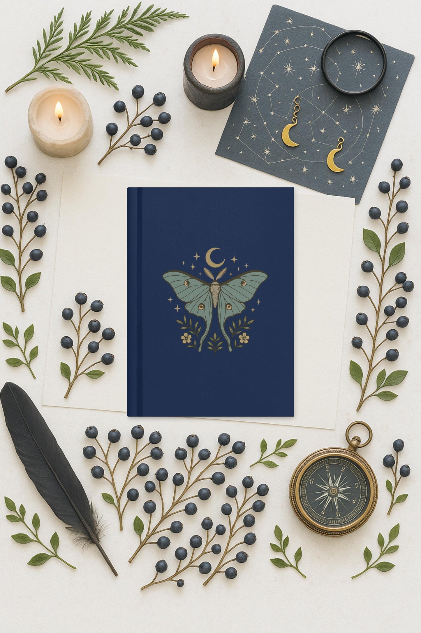 Lunar Moth Journal, Hardcover Navy Celestial Notebook, Matte Cover Diary, Blank Note Paper, Lyric Journal, Poem Notebook