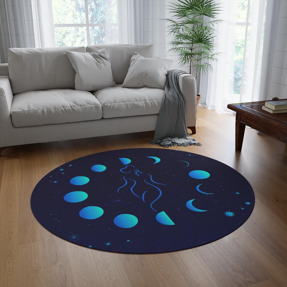 Lunar Goddess Rug, Phases of the Moon Decor, Celestial Woman Round Rug, Crescent Moon Home Accents, Witchy Aesthetic, Astrology Floor Mat
