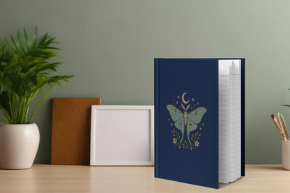Lunar Moth Journal, Hardcover Navy Celestial Notebook, Matte Cover Diary, Blank Note Paper, Lyric Journal, Poem Notebook