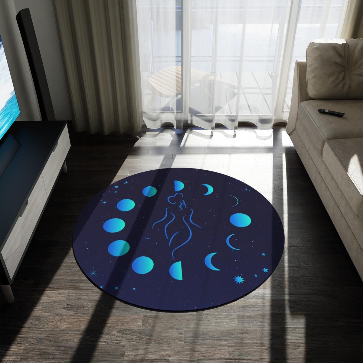 Lunar Goddess Rug, Phases of the Moon Decor, Celestial Woman Round Rug, Crescent Moon Home Accents, Witchy Aesthetic, Astrology Floor Mat