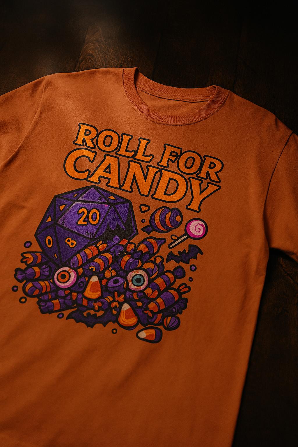D&D Halloween T-shirt, Dungeons and Dragons Player Shirt, Roll for Candy D20 Spilling Halloween Candy, DM Campaign Tee, DND Fandom Gift