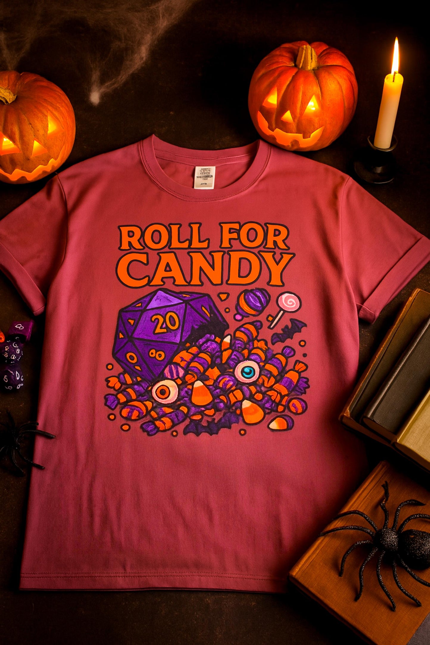 D&D Halloween T-shirt, Dungeons and Dragons Player Shirt, Roll for Candy D20 Spilling Halloween Candy, DM Campaign Tee, DND Fandom Gift