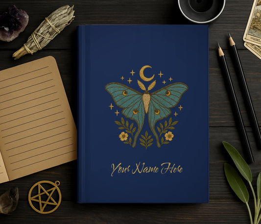 Personalized Notebook, Lunar Moth Journal, Embroidered Look, Hardcover Celestial Cottagecore Diary, Witchcore Vibes, Back to School Gift