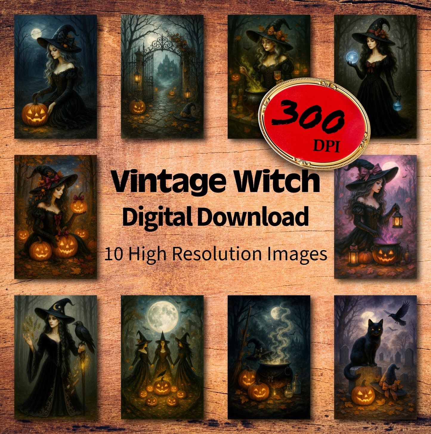 Vintage Halloween Wall Art, Witch Digital Art Bundle, 10 High Resolution Vintage Victorian Images, Digital Download, High Quality