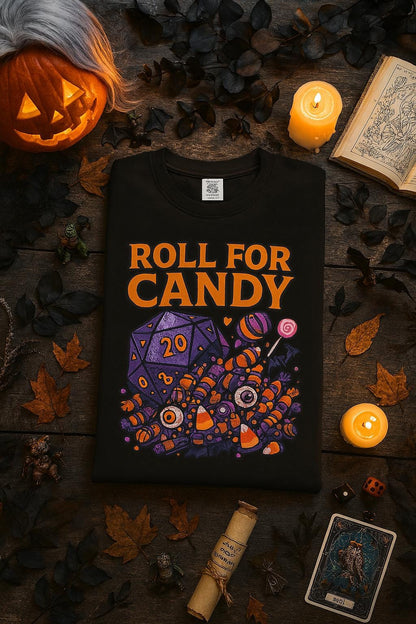 D&D Halloween T-shirt, Dungeons and Dragons Player Shirt, Roll for Candy D20 Spilling Halloween Candy, DM Campaign Tee, DND Fandom Gift