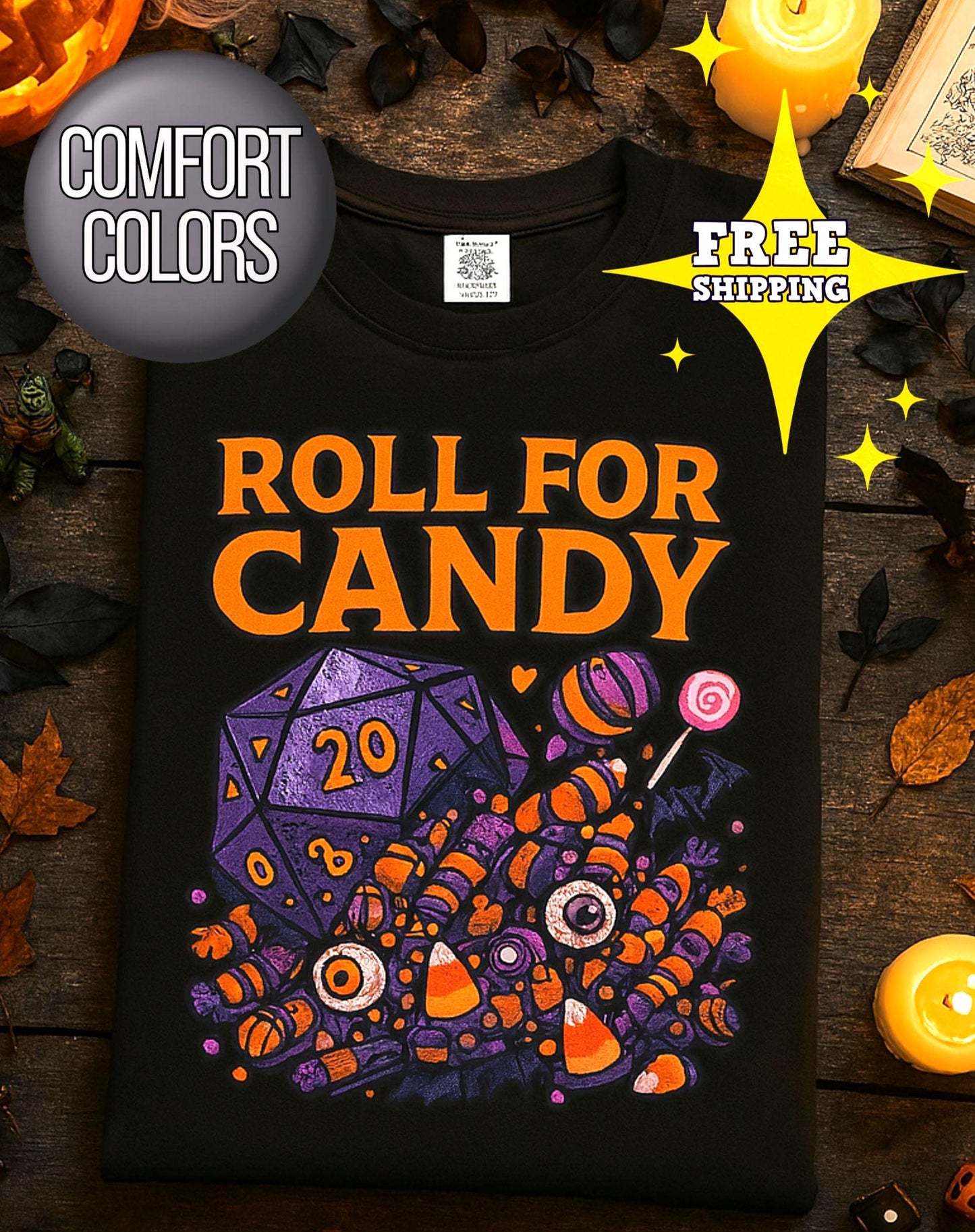 D&D Halloween T-shirt, Dungeons and Dragons Player Shirt, Roll for Candy D20 Spilling Halloween Candy, DM Campaign Tee, DND Fandom Gift