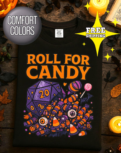 D&D Halloween T-shirt, Dungeons and Dragons Player Shirt, Roll for Candy D20 Spilling Halloween Candy, DM Campaign Tee, DND Fandom Gift