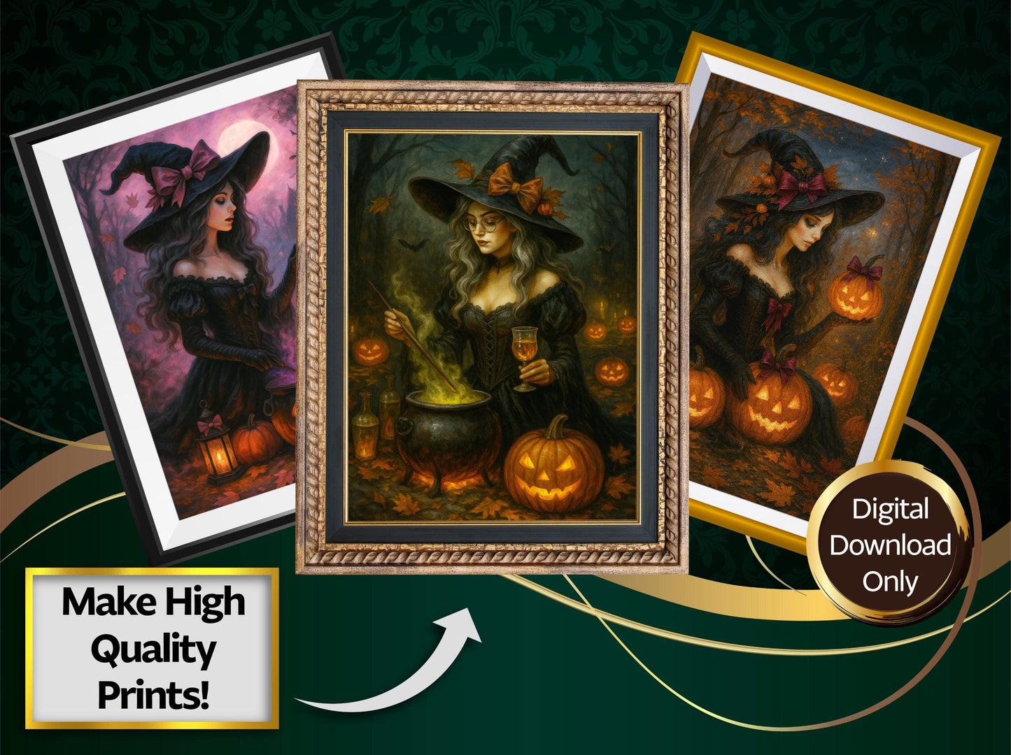 Vintage Halloween Wall Art, Witch Digital Art Bundle, 10 High Resolution Vintage Victorian Images, Digital Download, High Quality