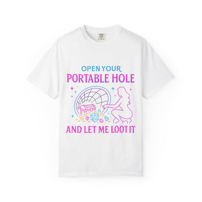 80s Retro D&D Graphic Tee, Funny Dungeons and Dragons Shirt Vintage Neon Sign Silhouette, Portable Hole Loot, DM Gift DND Dungeon Master