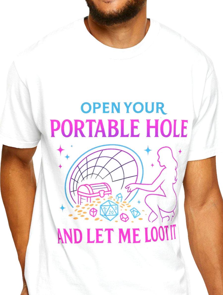 80s Retro D&D Graphic Tee, Funny Dungeons and Dragons Shirt Vintage Neon Sign Silhouette, Portable Hole Loot, DM Gift DND Dungeon Master