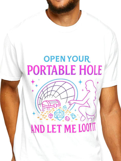 80s Retro D&D Graphic Tee, Funny Dungeons and Dragons Shirt Vintage Neon Sign Silhouette, Portable Hole Loot, DM Gift DND Dungeon Master