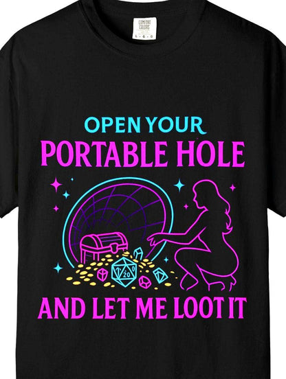 80s Retro D&D Graphic Tee, Funny Dungeons and Dragons Shirt Vintage Neon Sign Silhouette, Portable Hole Loot, DM Gift DND Dungeon Master