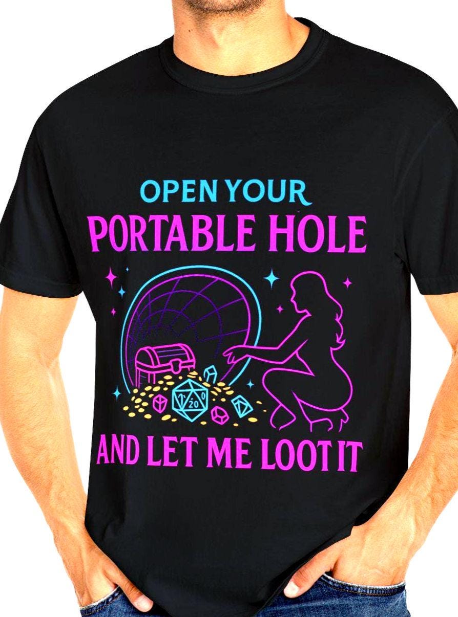 80s Retro D&D Graphic Tee, Funny Dungeons and Dragons Shirt Vintage Neon Sign Silhouette, Portable Hole Loot, DM Gift DND Dungeon Master
