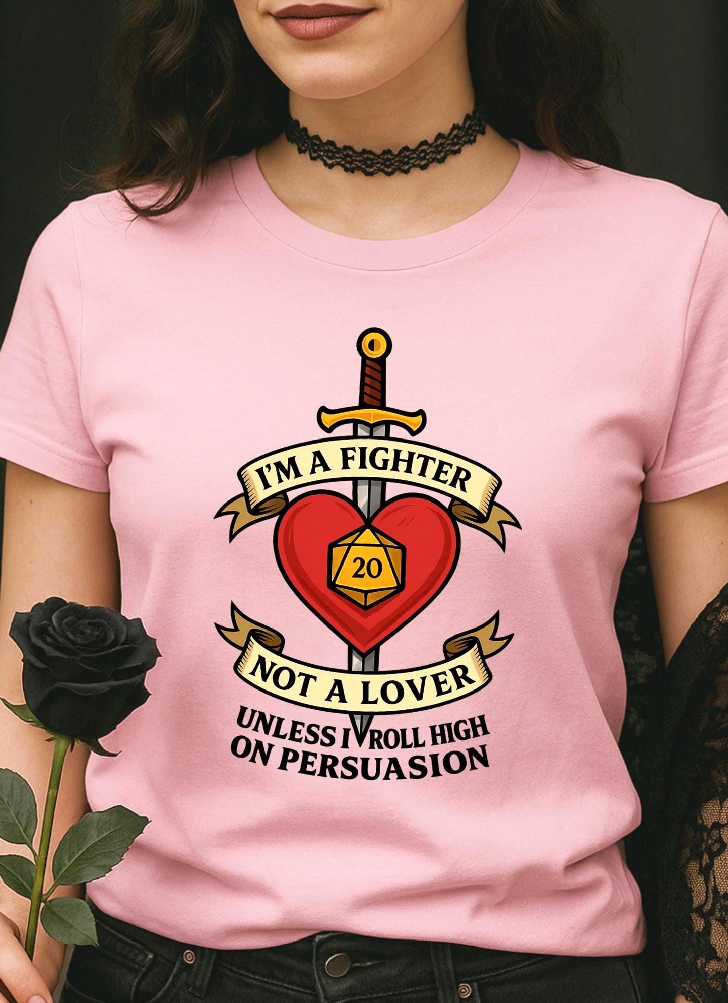 Dungeons and Dragons Graphic Tee, Funny DND Shirt Fighter Not Lover Unless I Roll High on Persuasion, D20 Geeky Humor Gift for D&D Player