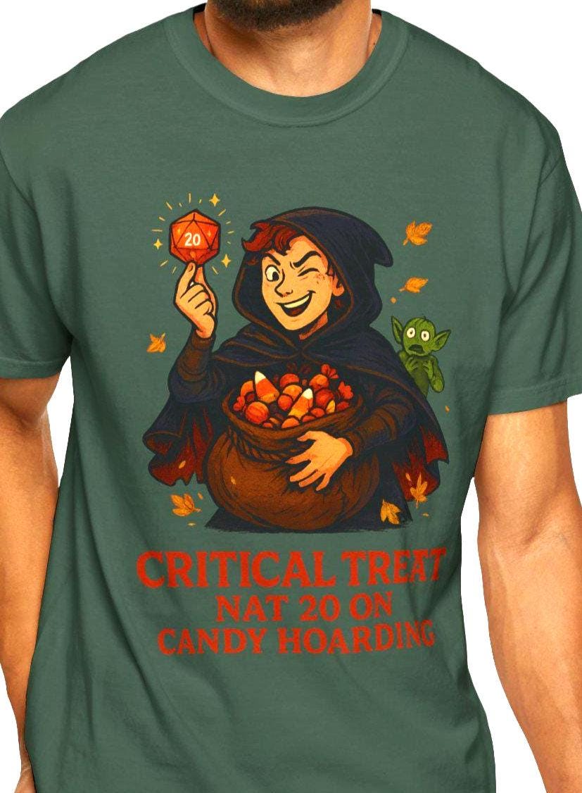 D&D Halloween Shirt D20 Critical Treat, Dungeons and Dragons Player T-Shirt Roll for Candy, Rogue Loot Bag, Dungeon Master Gift DND DM