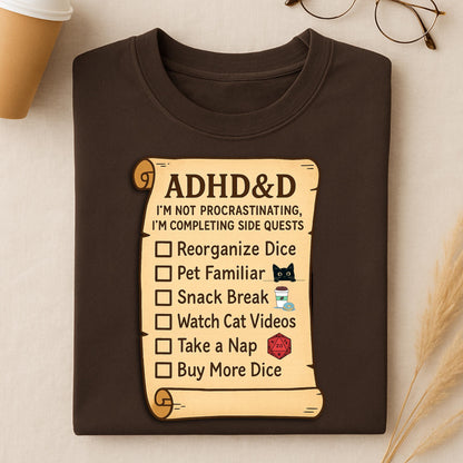 ADHD&D Roll for Concentration Shirt, Distraction Checklist, ADHD Side Quests Graphic Tee, D20 Nat 1 T-Shirt Dungeons and Dragons Gift