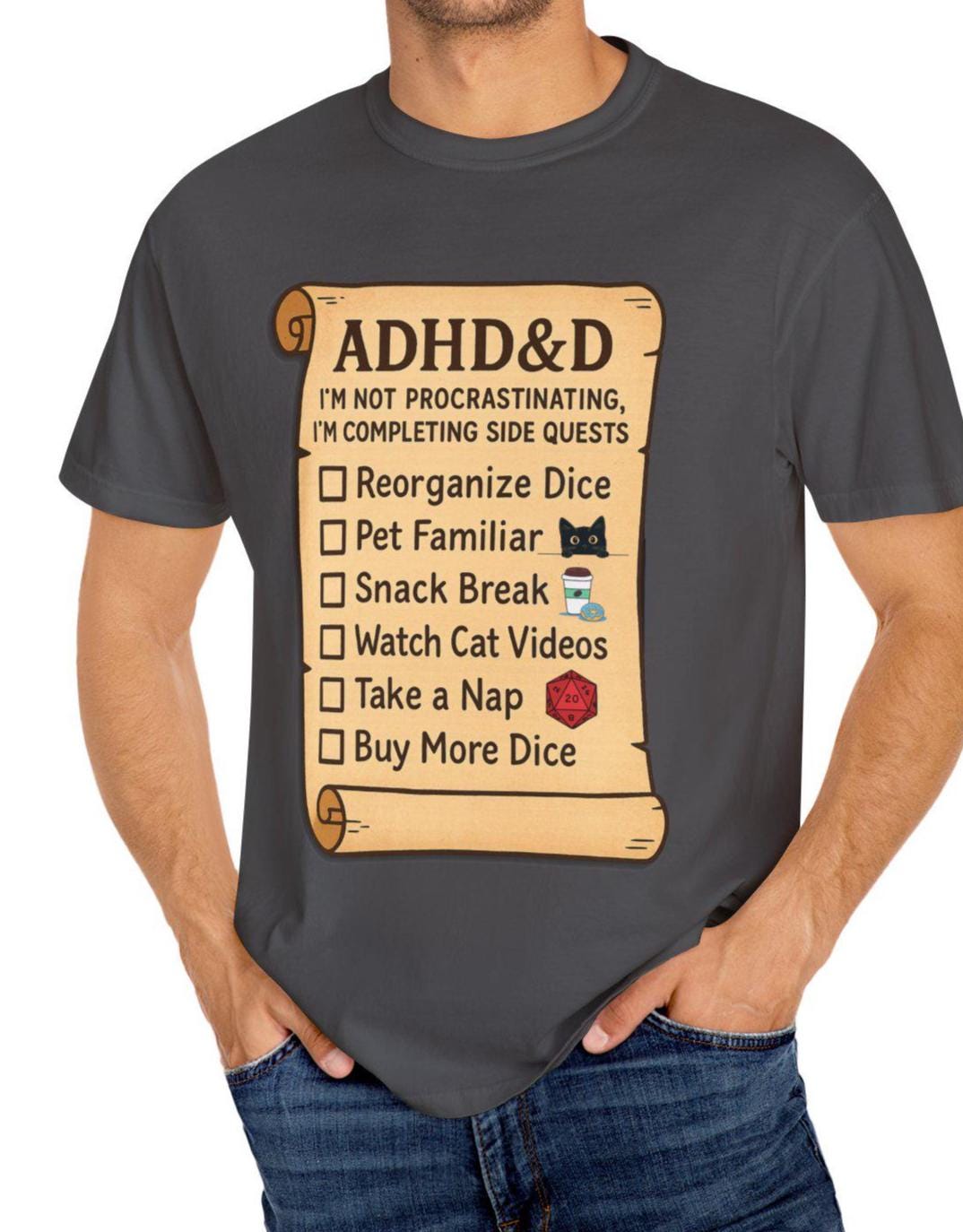 ADHD&D Roll for Concentration Shirt, Distraction Checklist, ADHD Side Quests Graphic Tee, D20 Nat 1 T-Shirt Dungeons and Dragons Gift