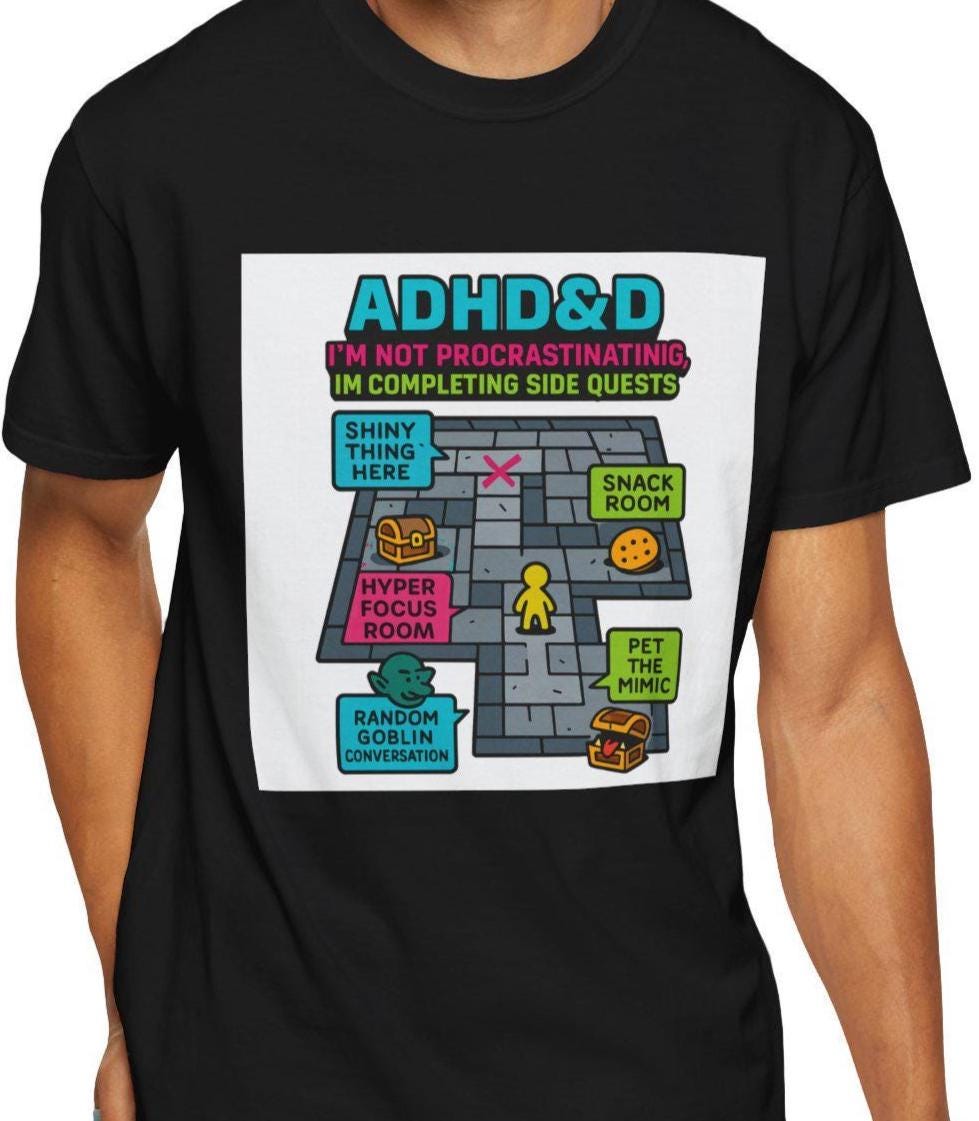 ADHD&D Side Quests Graphic Tee, ADHD Procrastination Shirt, DND Dungeon tShirt, Geeky D20 Nat 1 T-Shirt, Dungeons and Dragons Gift