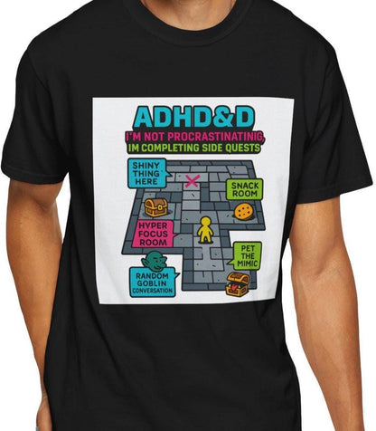 ADHD&D Side Quests Graphic Tee, ADHD Procrastination Shirt, DND Dungeon tShirt, Geeky D20 Nat 1 T-Shirt, Dungeons and Dragons Gift