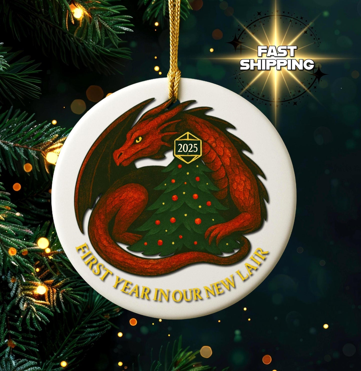 Dragon Ceramic Ornament 2025 DND Housewarming Gift, D&D Christmas Decoration, Holiday Gift for New Home, DND Fantasy Keepsake