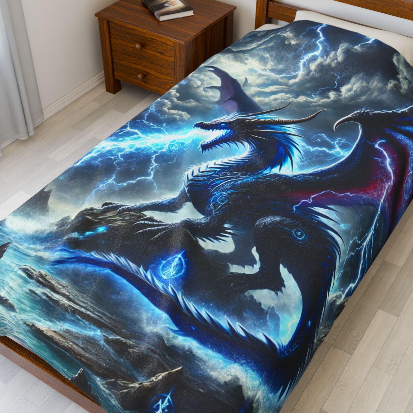 Dragon Lightning Velveteen Plush Blanket, Edgy Fantasy Scene, Home Decor Throw Blanket, Bedroom Decoration Bedding, Edgy DND Dragon Blanket