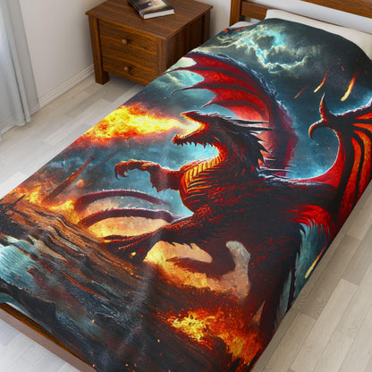 Velveteen Plush Dragon Blanket Fire Dragon Home Decor, DnD Red Dragon Bedding, Chaos and Destruction, Cozy Throw Dragon Lover Gift for DND