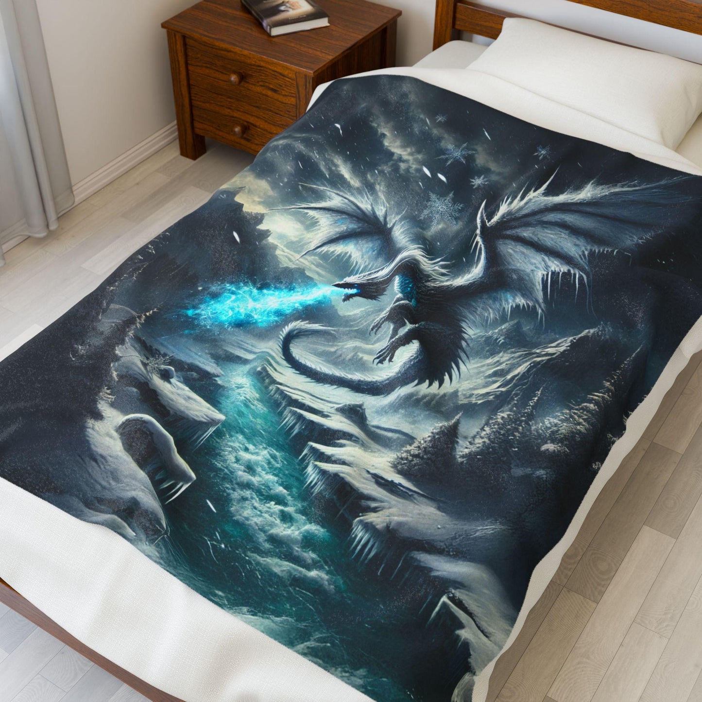 Velveteen Plush Ice Dragon Blanket, Fantasy Art Throw, Gift for Dragon Lover DND Home Decor Cozy Bedding, Frost Snow Epic Fantasy Blanket