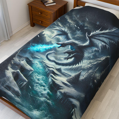 Velveteen Plush Ice Dragon Blanket, Fantasy Art Throw, Gift for Dragon Lover DND Home Decor Cozy Bedding, Frost Snow Epic Fantasy Blanket