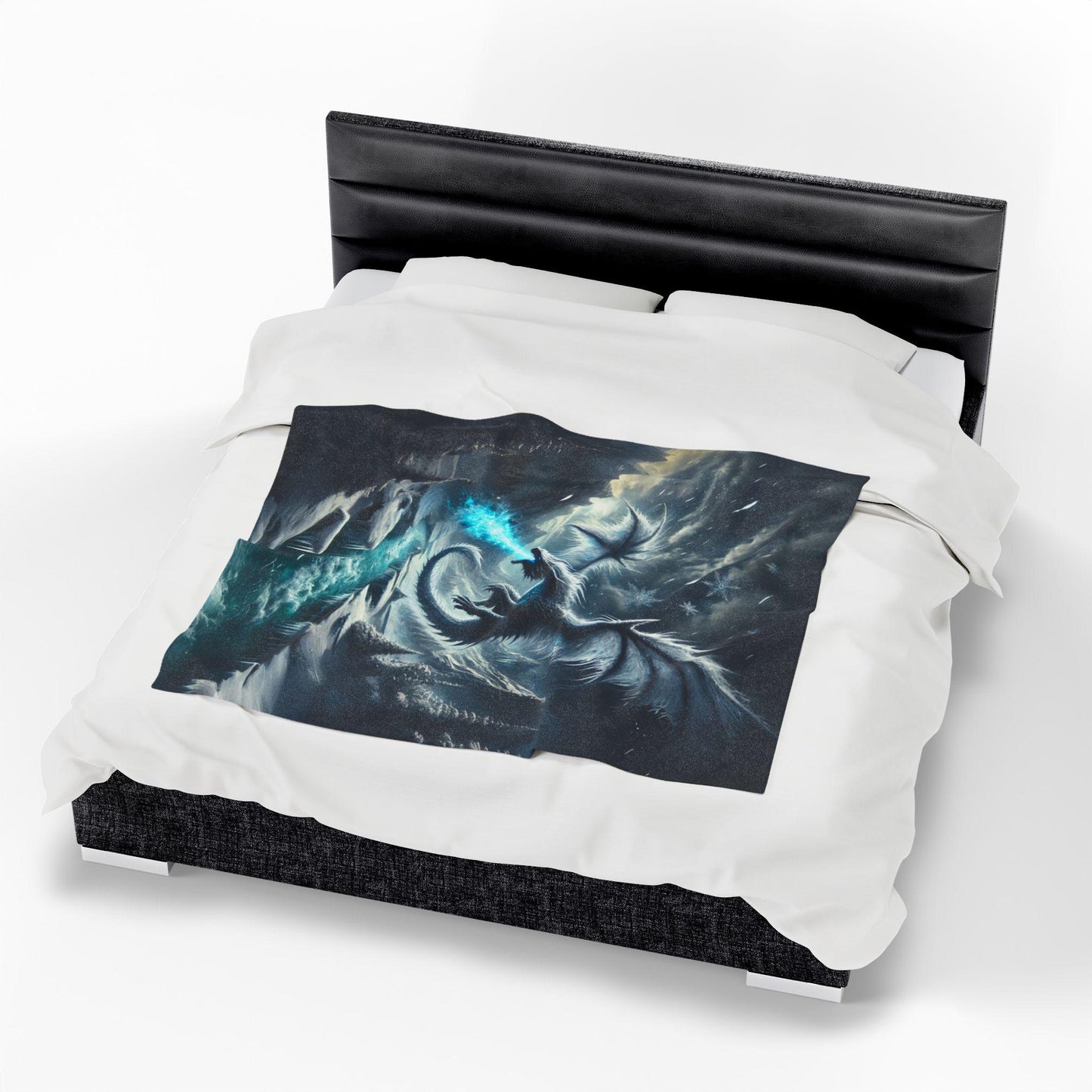 Velveteen Plush Ice Dragon Blanket, Fantasy Art Throw, Gift for Dragon Lover DND Home Decor Cozy Bedding, Frost Snow Epic Fantasy Blanket