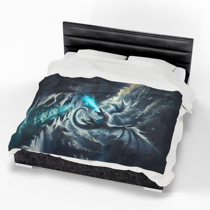Velveteen Plush Ice Dragon Blanket, Fantasy Art Throw, Gift for Dragon Lover DND Home Decor Cozy Bedding, Frost Snow Epic Fantasy Blanket