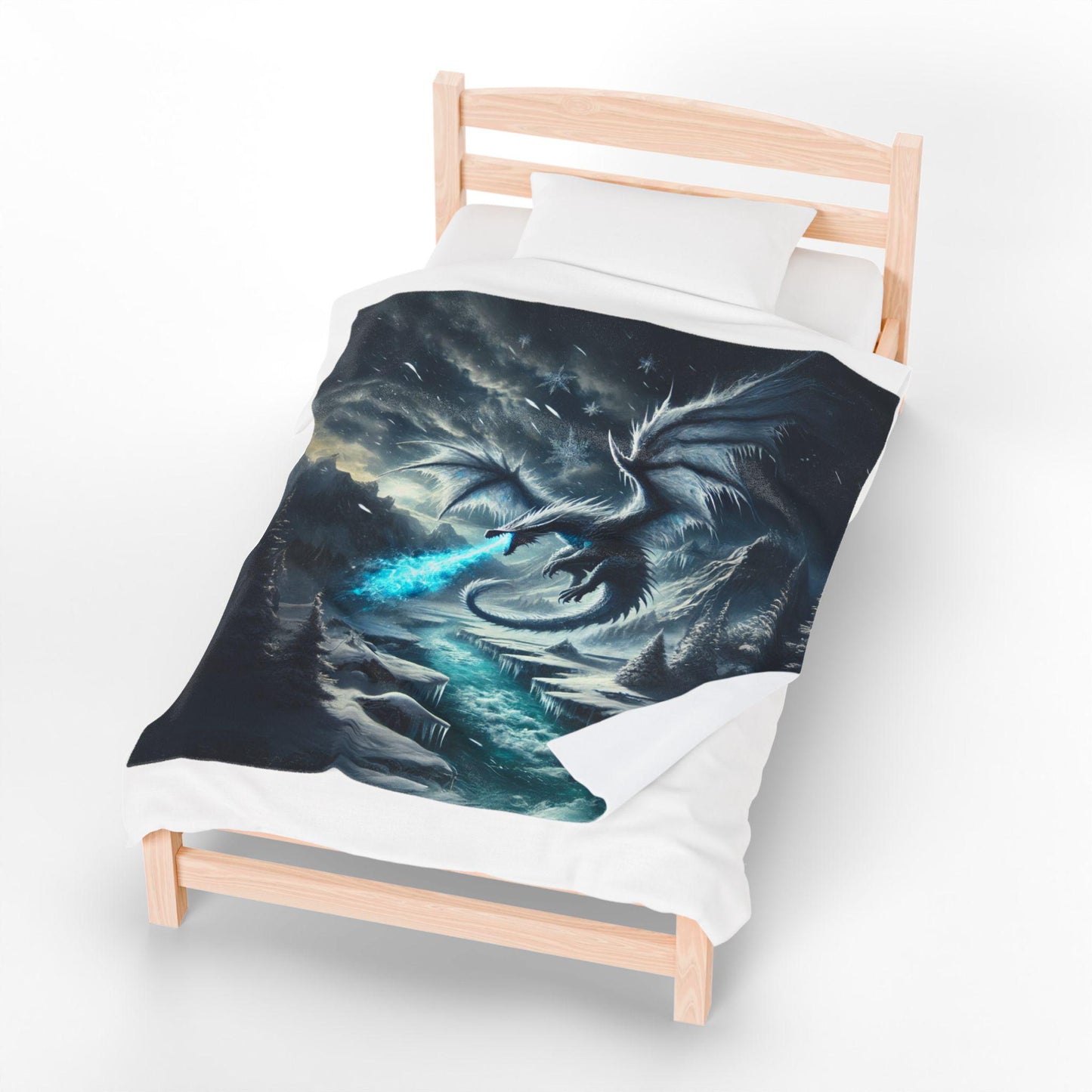 Velveteen Plush Ice Dragon Blanket, Fantasy Art Throw, Gift for Dragon Lover DND Home Decor Cozy Bedding, Frost Snow Epic Fantasy Blanket